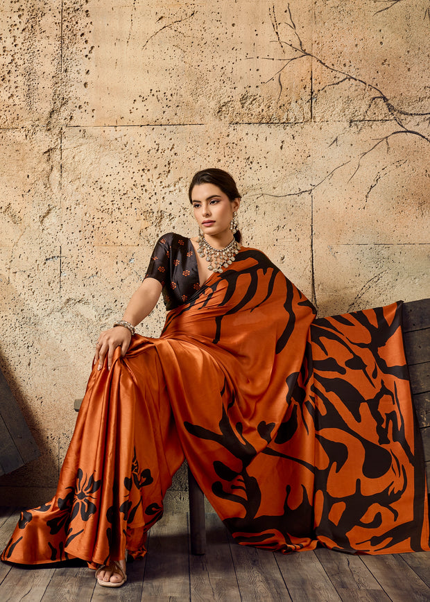 Apricot Orange Printed Satin Silk Saree