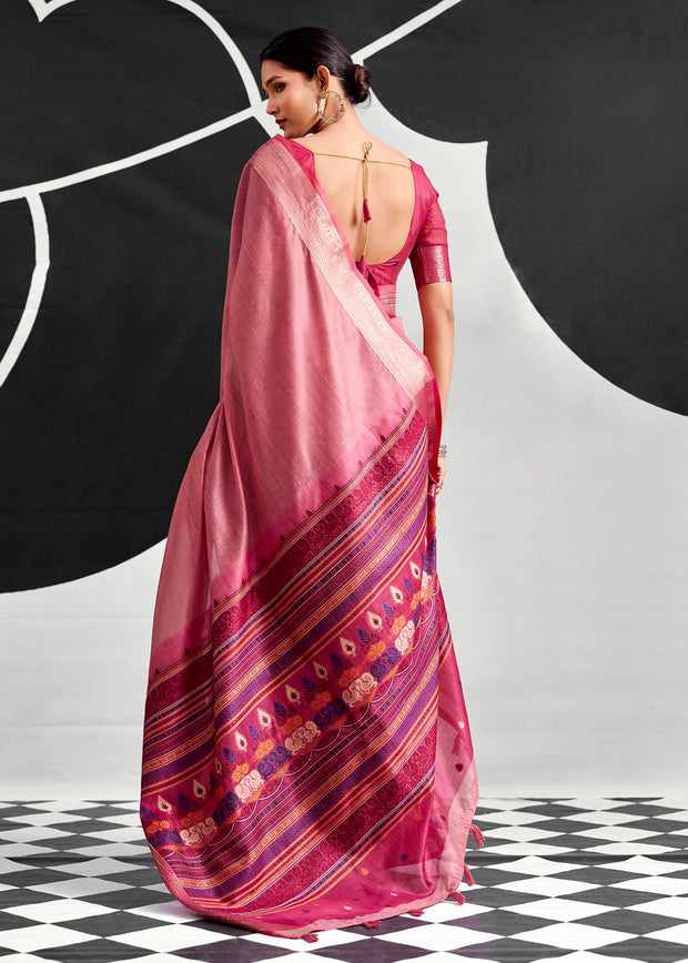 Flamingo Pink Woven Linen Cotton Silk Saree
