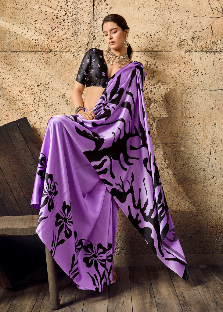 Lavender Purple Printed Satin Silk Saree