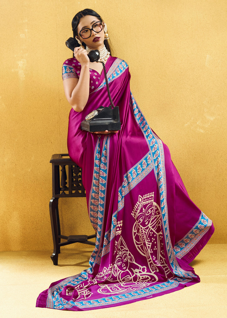Plum Magenta Satin Silk Saree with Ajrakh Printed Pallu and Blouse