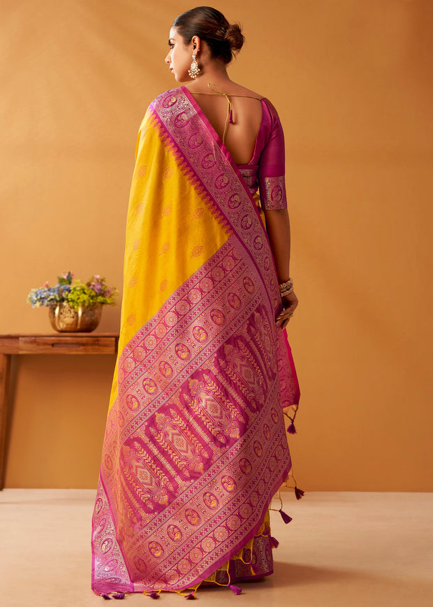 Vibrant Yellow Woven Banarasi Cotton Silk Saree
