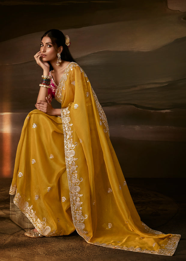 Haldi Yellow Embroidered Designer Organza Saree