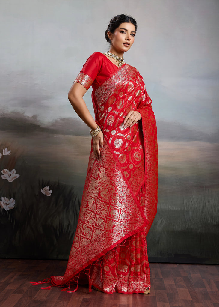 Vermilion Red Woven Banarasi Silk Saree
