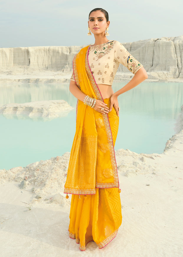 Yellow Woven Banarasi Embroidered Organza Satin Silk Saree