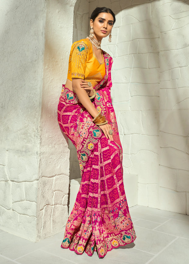 Magenta Pink Embroidered Georgette Bandhej Saree