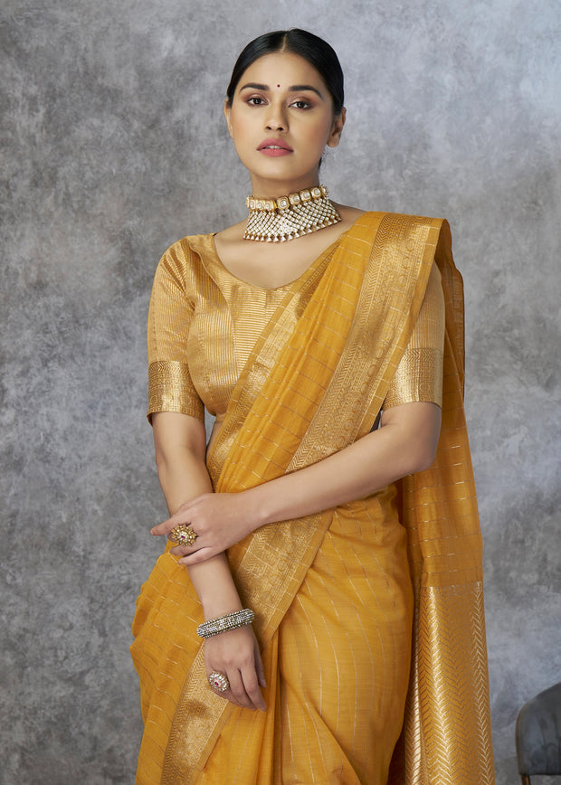 Mustard Yellow Woven Cotton Saree