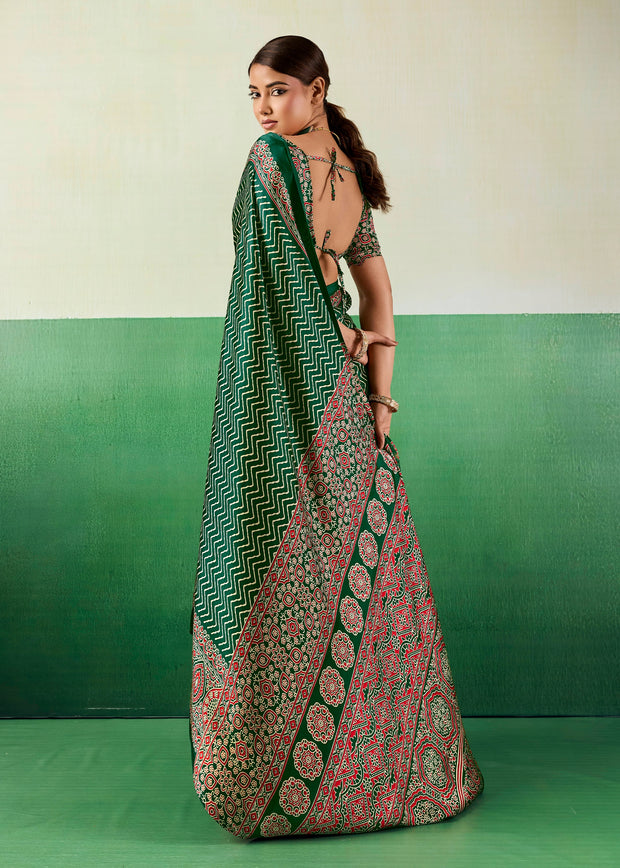 Hunter Green Printed Satin Silk Saree
