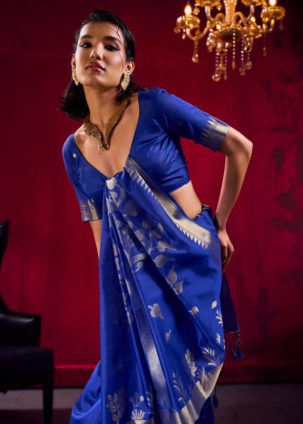 Indigo Blue Banarasi Satin Linen Silk Saree