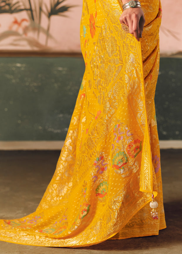 Haldi Yellow Woven Georgette Bandhej Saree