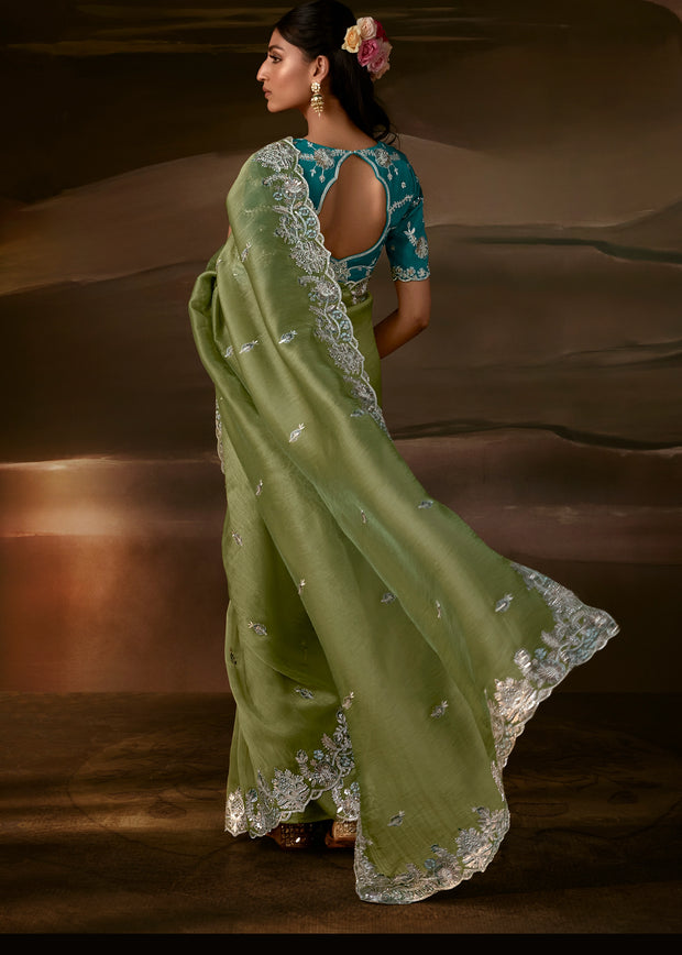 Sage Green Embroidered Designer Organza Saree