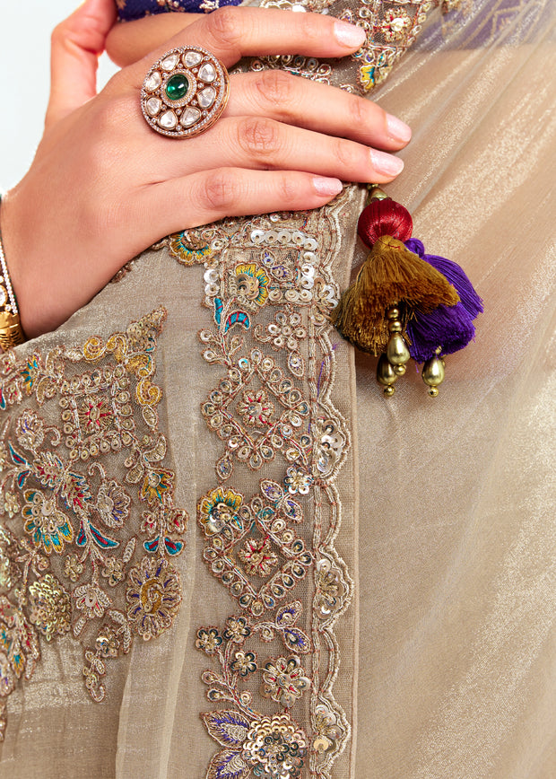 Silver Beige Designer Embroidered Tissue Saree
