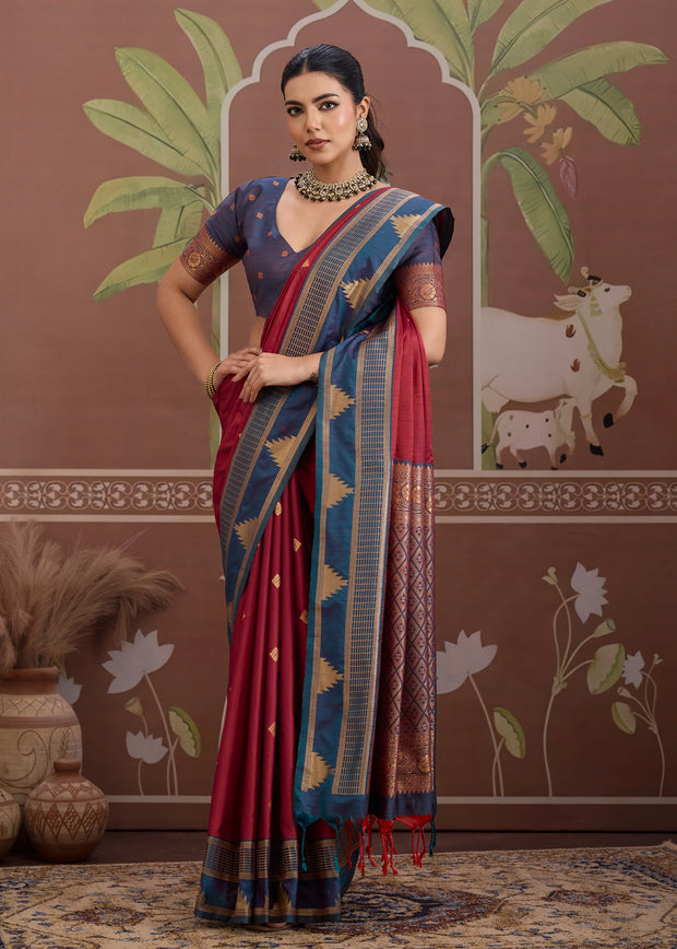 Maroon Red Woven Tussar Silk Saree