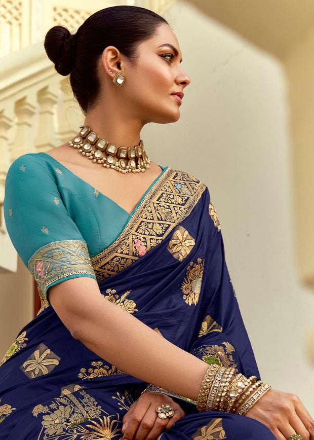 Royal Blue Woven Banarasi Designer Silk Saree With Contrast Blouse