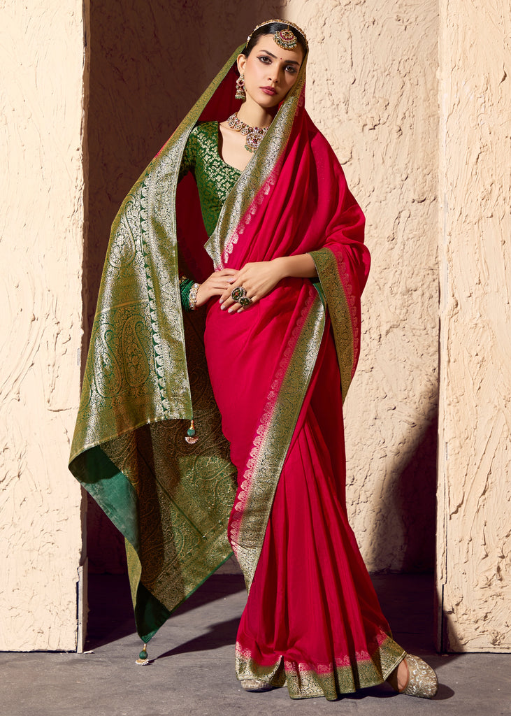 Red & Green Woven Crepe Georgette Saree