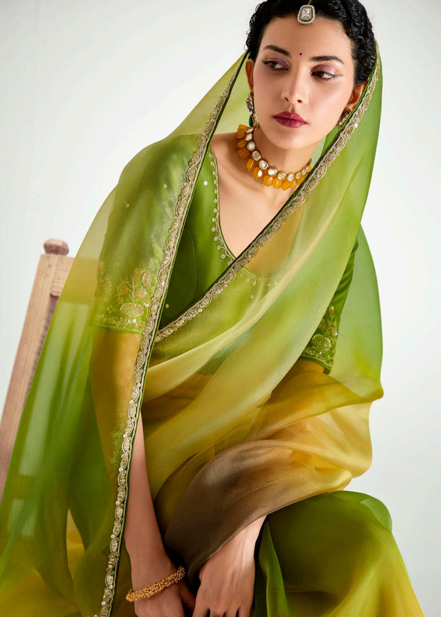 Mehandi Green Ombre Designer Tissue Saree With Embroidered Blouse
