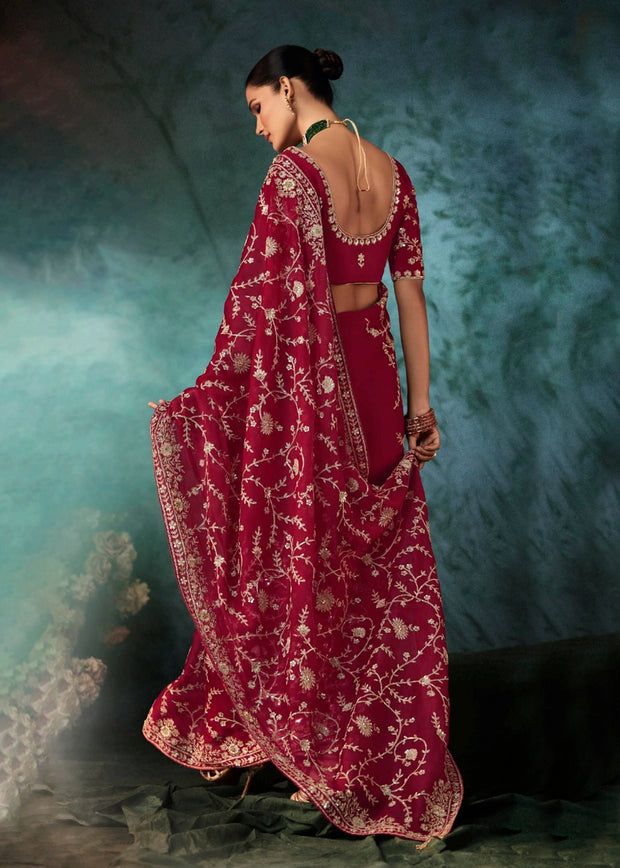 Tango Red Embroidered Designer Saree