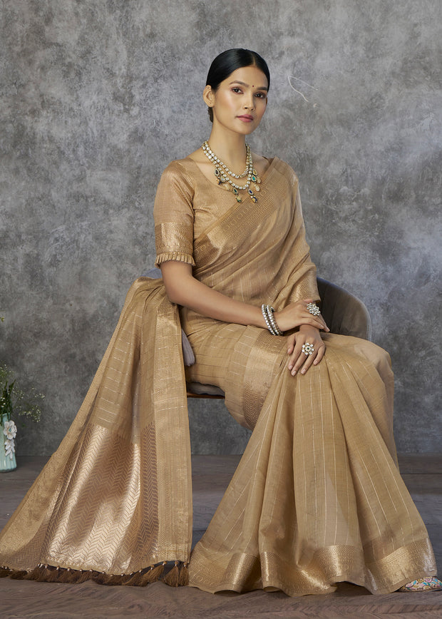 Glided Ivory Woven Cotton Saree