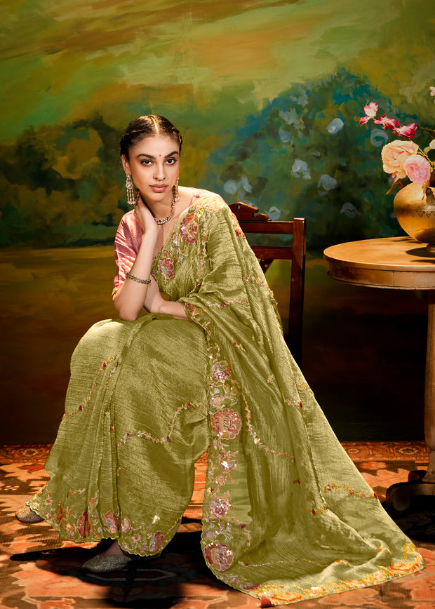 Henna Green Heavy Embroidered Designer Silk Saree With contrast Blouse