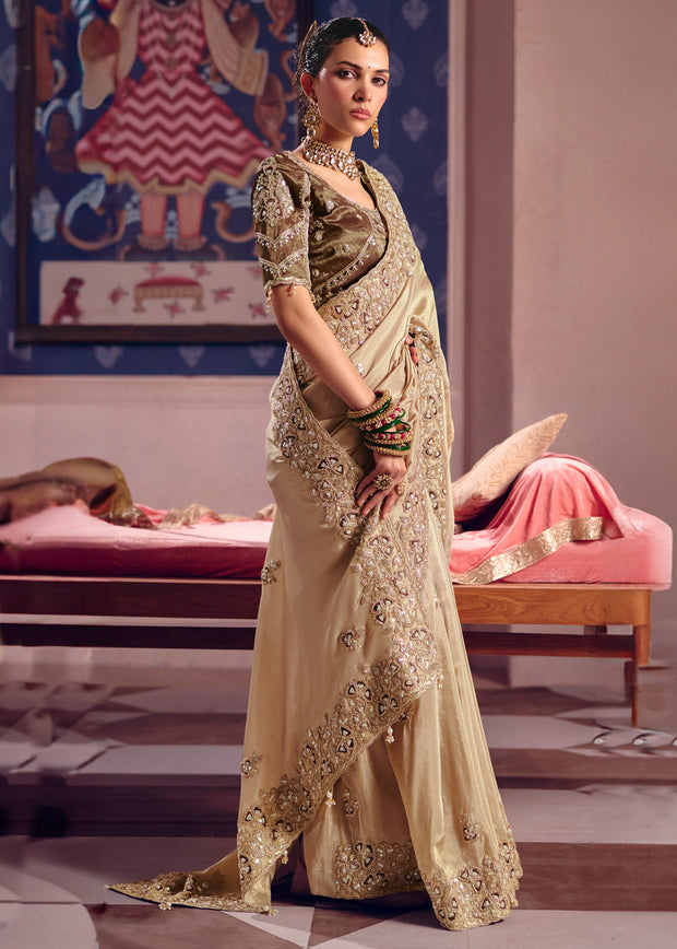 Safari Beige Embroidered Tissue Designer Saree
