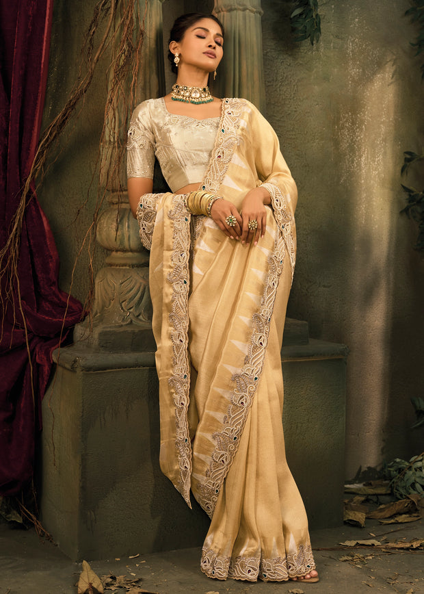 Cream Designer Embroidered Silk Saree
