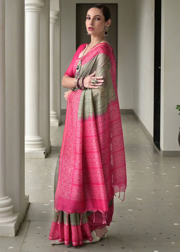 Dusty Green & Pink Printed Tussar SIlk Saree