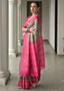 Dusty Green & Pink Printed Tussar SIlk Saree