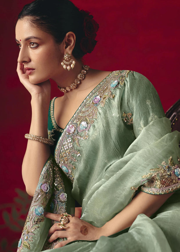 Antique Green Designer Embroidered Saree