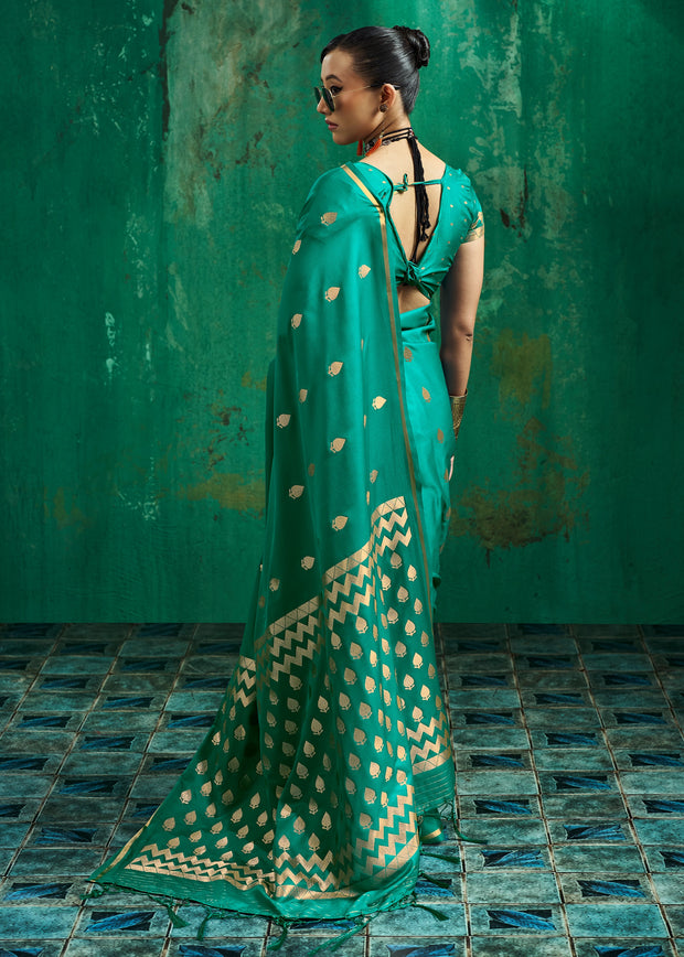 Marine Green Woven Banarasi Satin Silk Saree