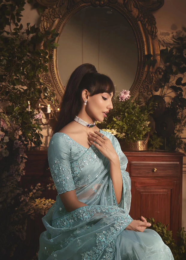 Aqua Mist Designer Tissue Organza  Saree