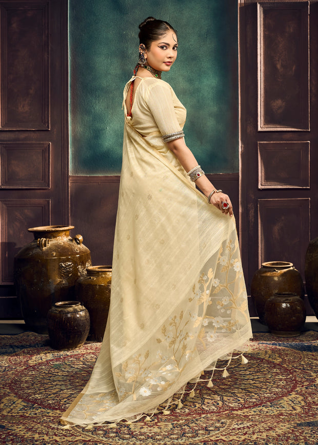Cream White Woven Munga Cotton Silk Saree