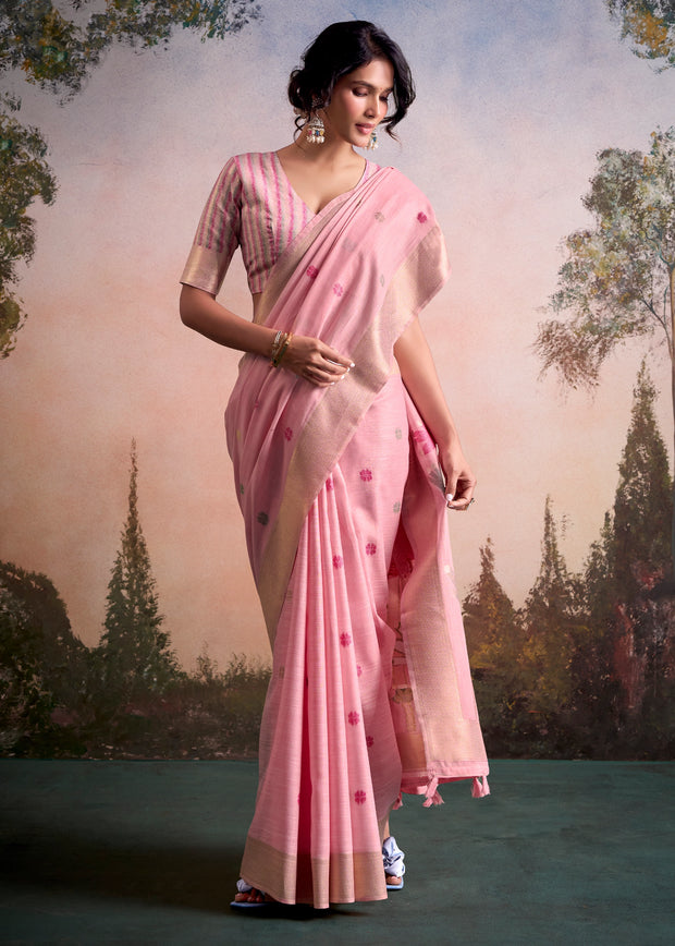 Blush Pink Woven Linen Cotton Silk Saree