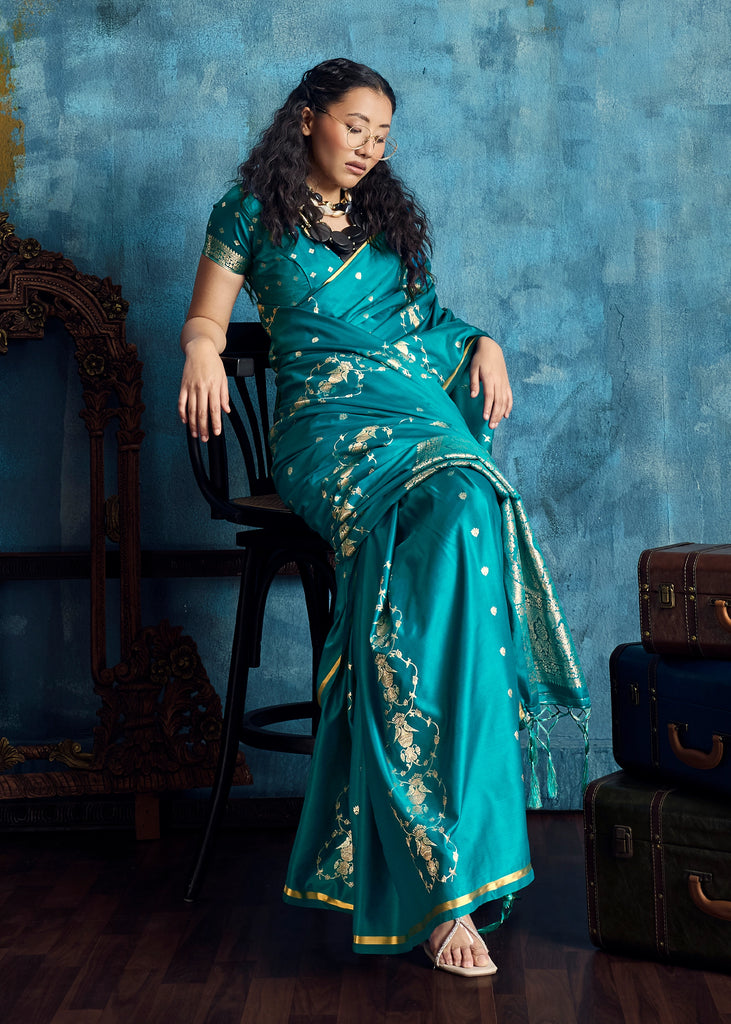 Teal Blue Woven Banarasi Satin Silk Saree