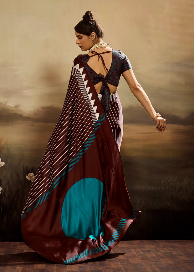 Deep Maroon Printed Satin Silk Saree