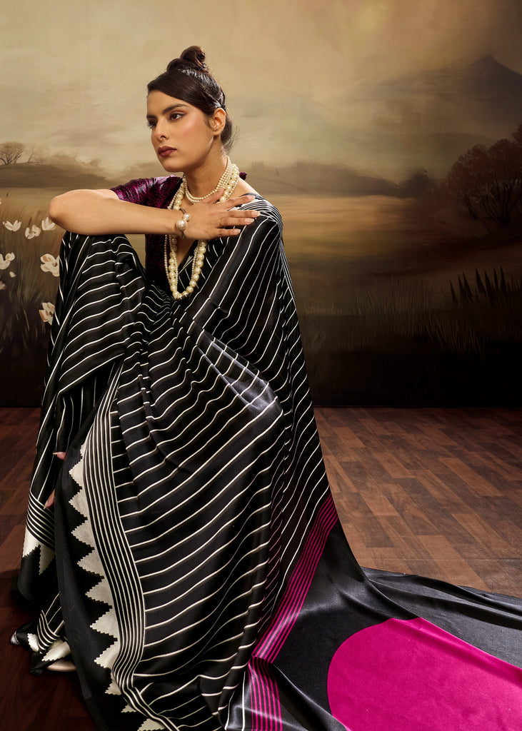 Black Printed Satin Silk Saree