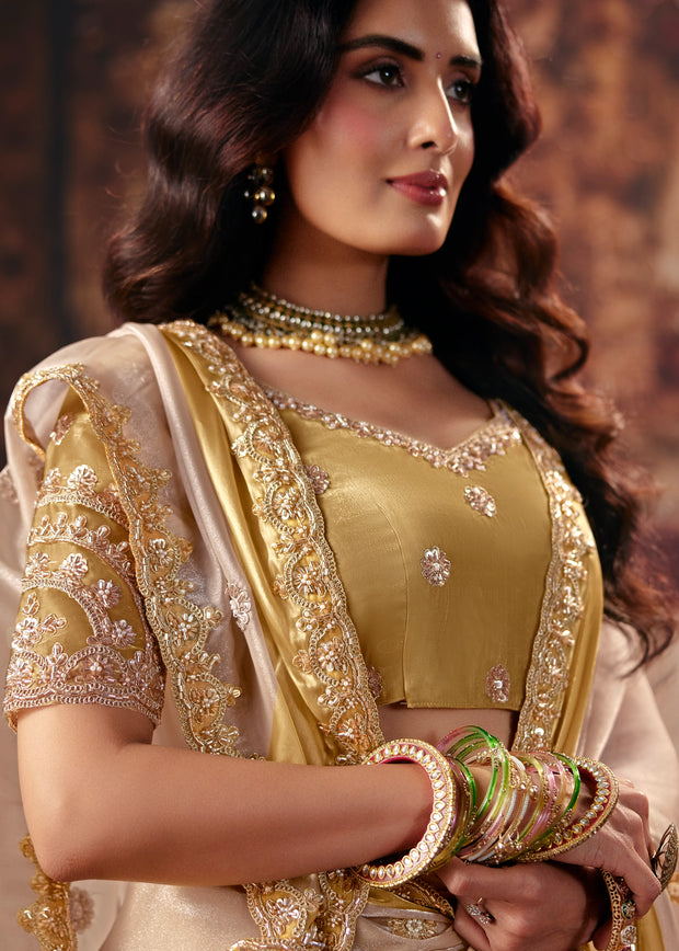 Golden Beige Designer Satin Silk Saree With Embroidered Blouse