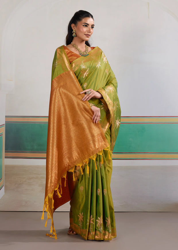Kiwi Green Woven Tussar Silk Saree