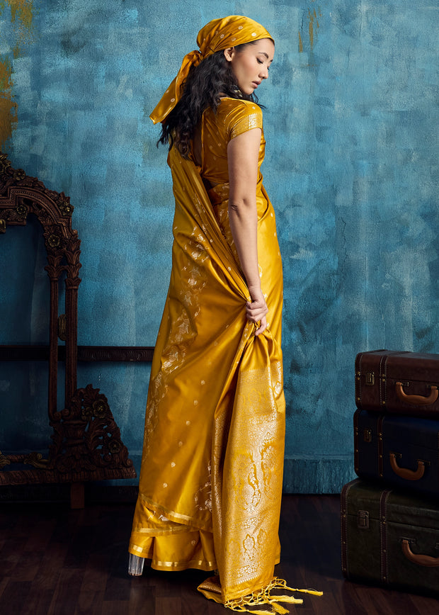 Ochre Yellow Woven Banarasi Satin Silk Saree
