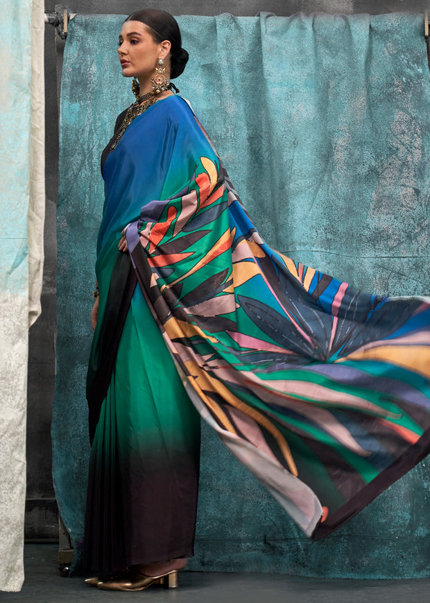 Multicolor Shaded Satin Crepe Printed Silk Saree