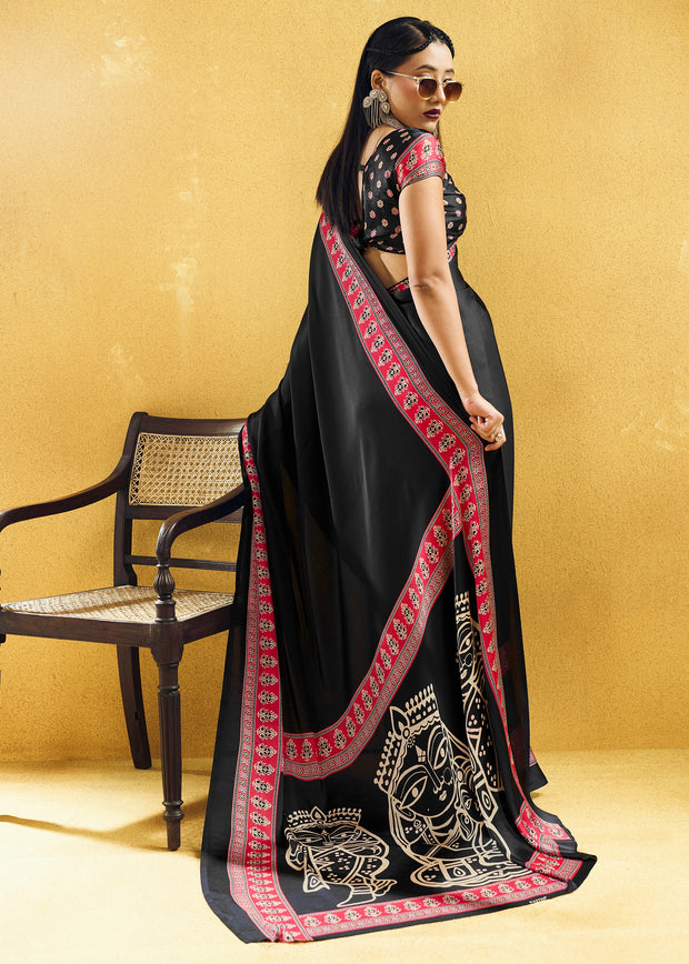 Black Satin Silk Saree with Ajrakh Printed Pallu and Blouse