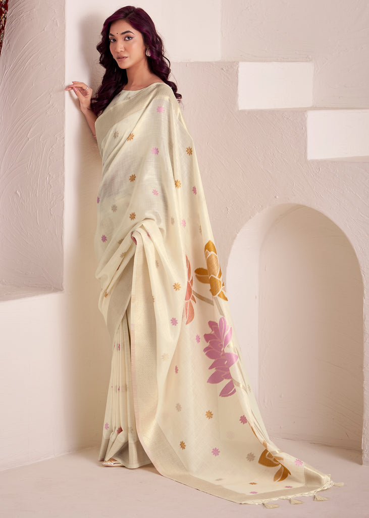 Snow White Woven Linen Silk Saree