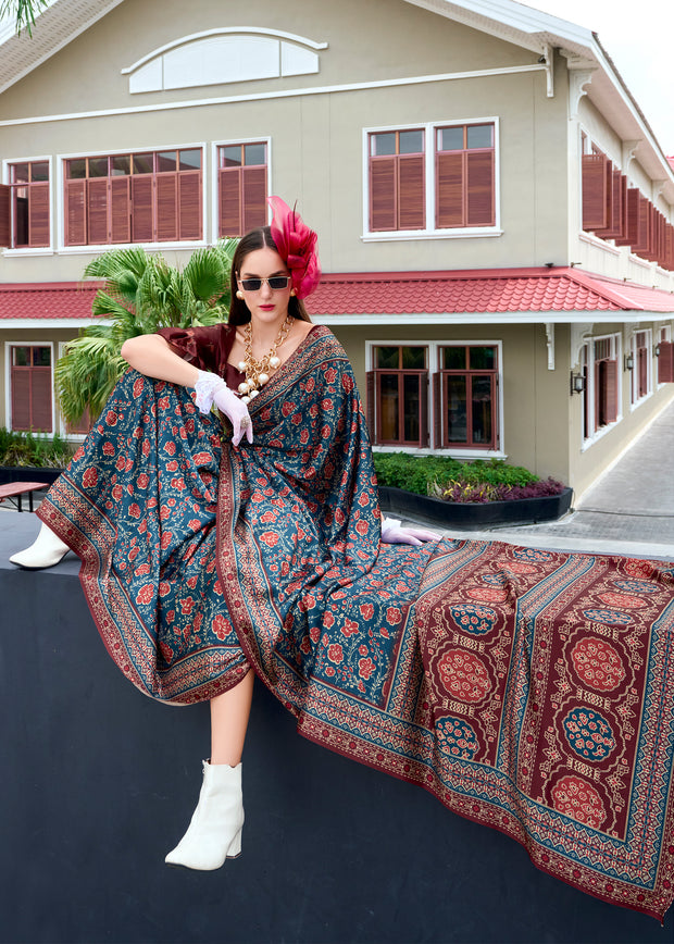 Strom Blue Satin Crepe Digital Printed Saga Saree With Contrast Blouse