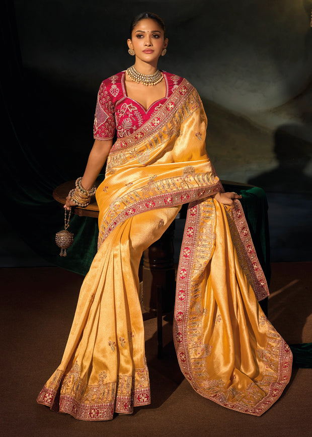 Mustard Yellow Embroidered Silk Saree
