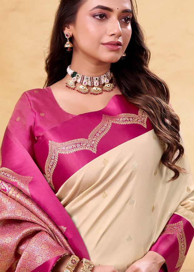 Off White Woven Satin Silk Saree