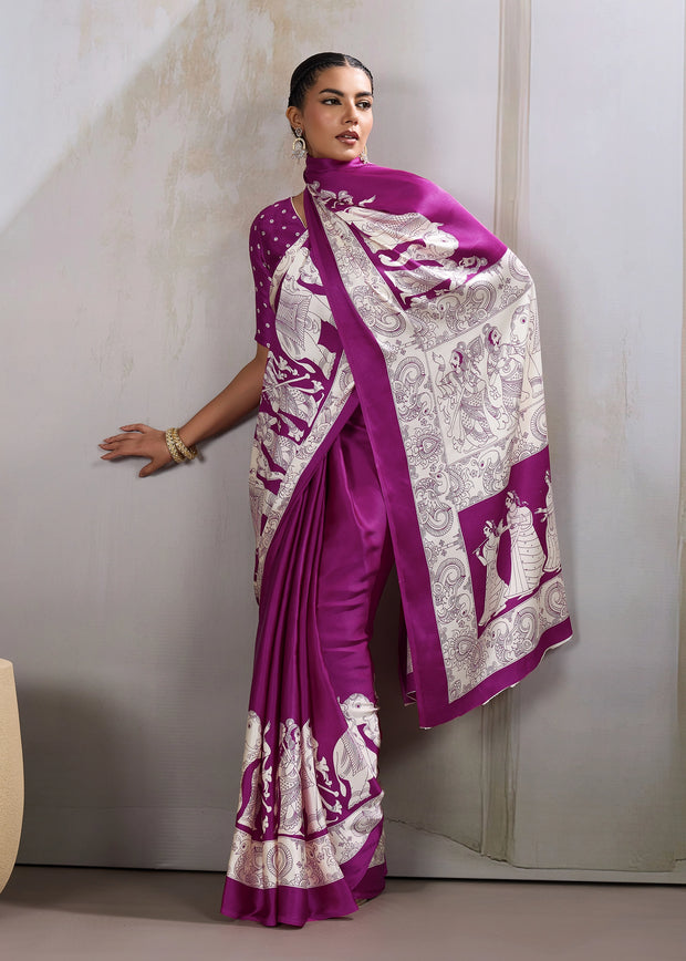 Dahlia Purple Printed Satin Silk Saree