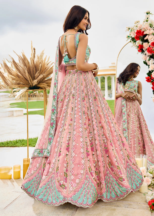 Elegant Pink Tissue Embroidered Wedding Lehenga