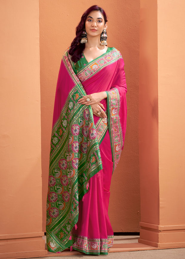 Magenta pink Banarasi Patola silk saree combining two heritage weave traditions