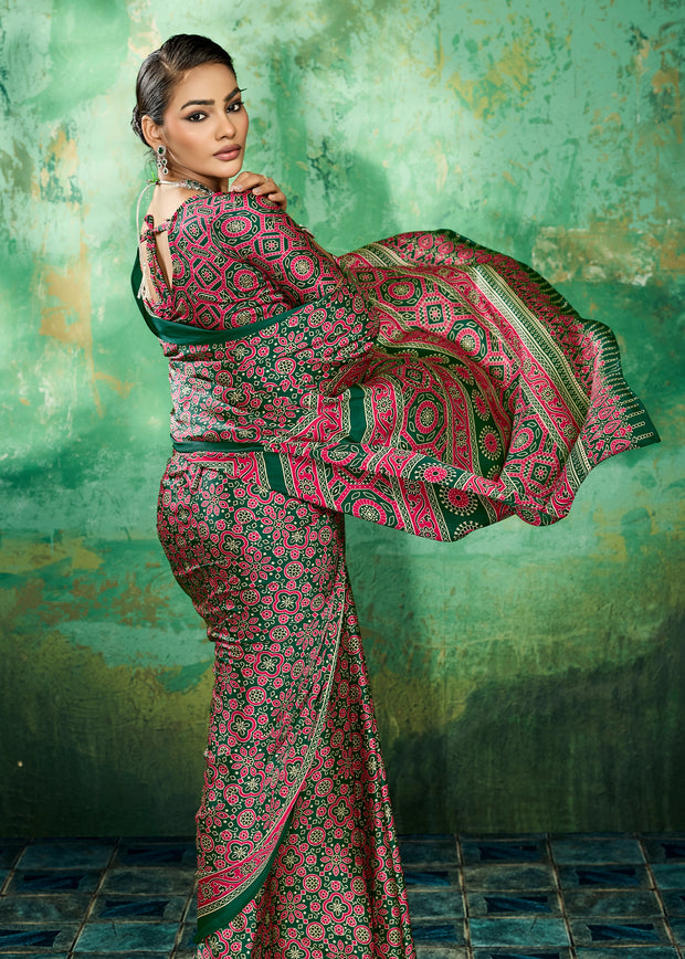 Green And Pink Printed Satin Silk Saree