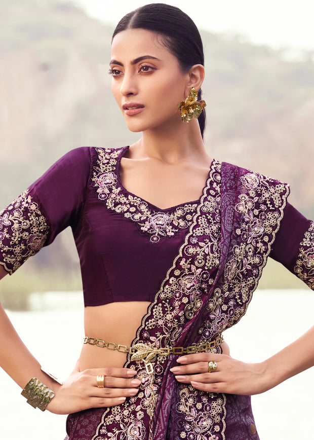 Purple Wine Woven Embroidered Satin Silk Saree