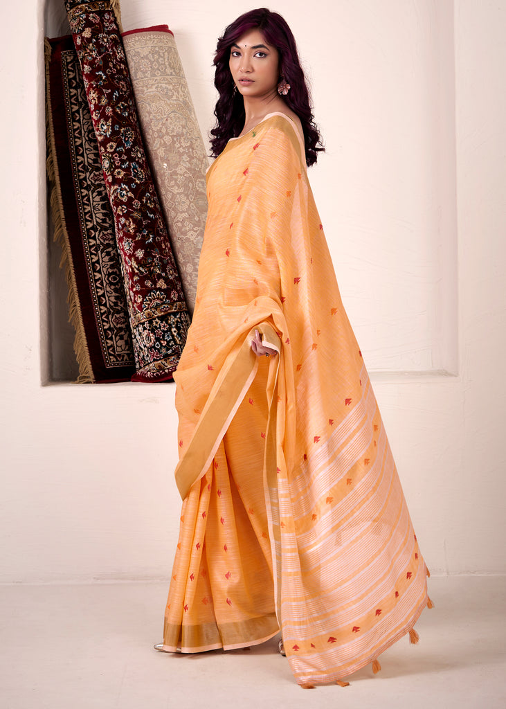 Apricot Orange Woven Linen Silk Saree