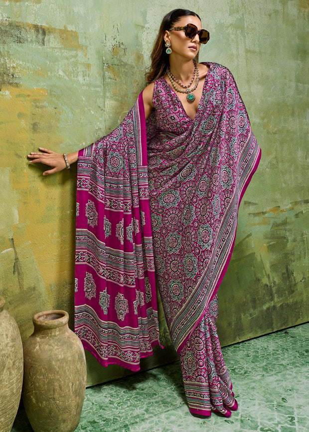 Plum Purple Printed Satin Silk Saree